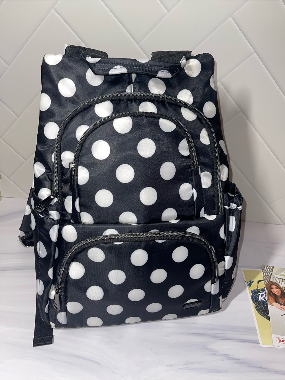 Lug Hatchback Backpack - Black with White Polka Dots - like new!